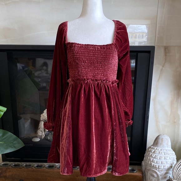 Free People Velvet Smocked Tunic Dress Wine Red Size S Dark Academia - Picture 14 of 14